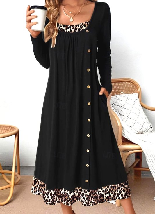 Damen Farbblock Frühling/Herbst Kleid Rundhals Langarm A-Linien-Kleid