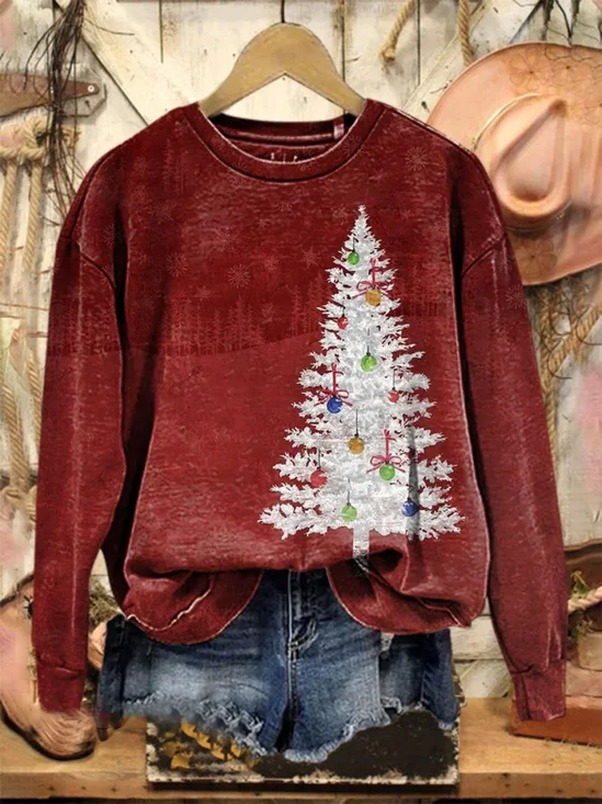 Lässig Rundhals Weihnachtsbaum Sweatshirt Print