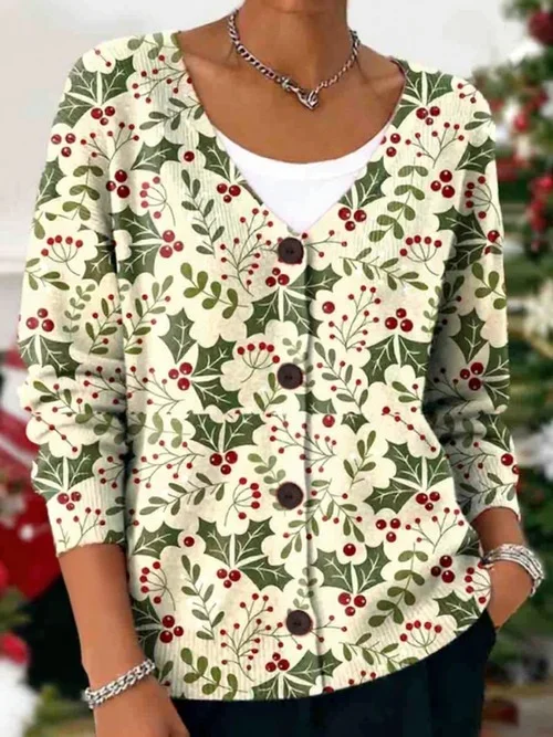 Damen Geblümt Langarm Bequem Lässig Strickjacke