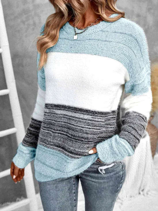 Damen Baumwolle Gestreift Langarm Bequem Lässig Pullover