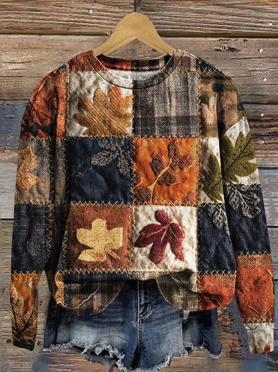Lässig Rundhals Ahornblatt Sweatshirt Print