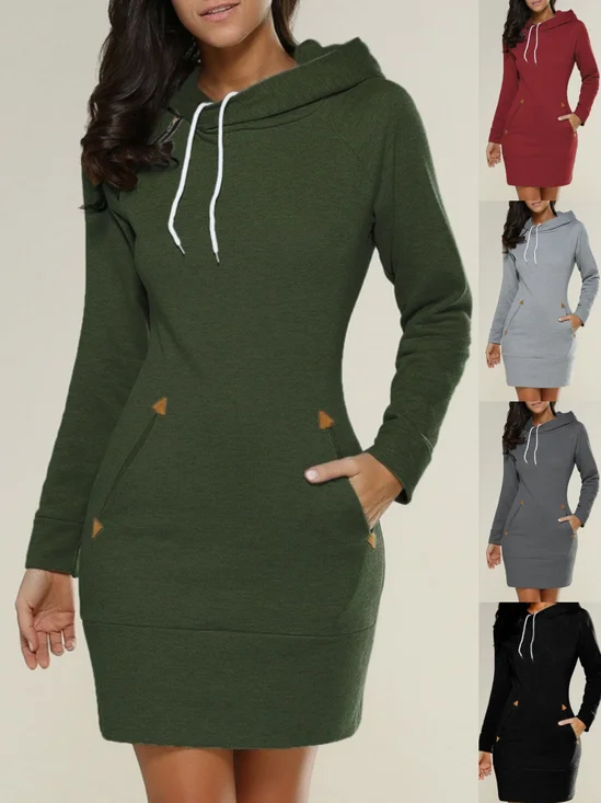 Damen Unifarben Frühling/Herbst Nahtverarbeitung Kleid Kapuze Langarm Tanktop A-Linien-Kleid