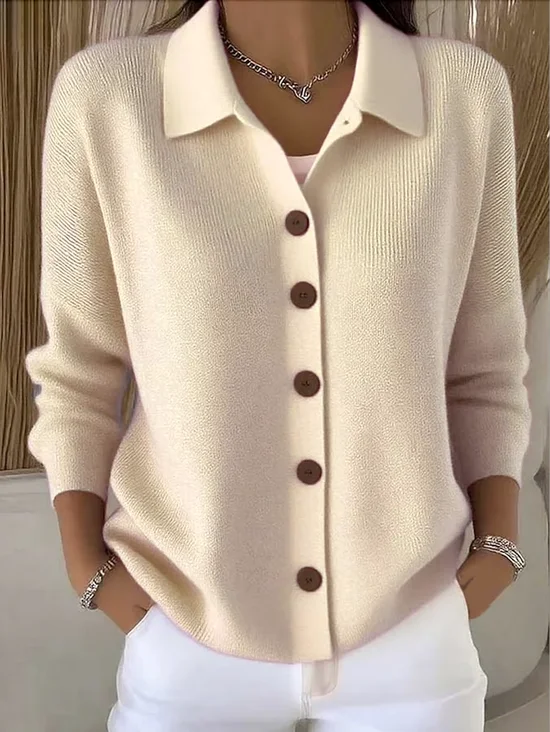 Damen Baumwolle Unifarben Langarm Bequem Lässig Strickjacke