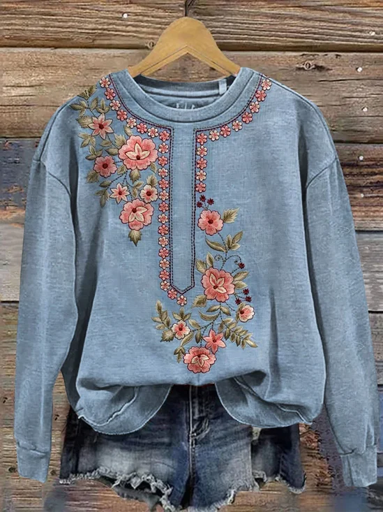 Lässig Rundhals Geblümt Sweatshirt Print
