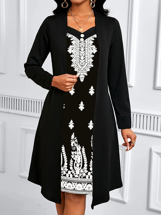 Damen Geometrisch Frühling/Herbst Kleid V-Ausschnitt Langarm A-Linien-Kleid