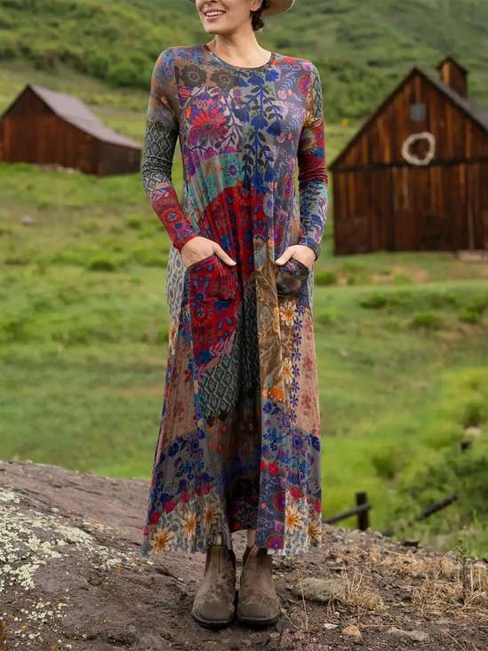 Damen Geometrisch Sommer Kleid Rundhals Langarm H-Linie Kleid
