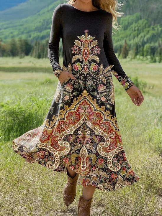 Damen Geometrisch Sommer Kleid Rundhals Langarm H-Linie Kleid