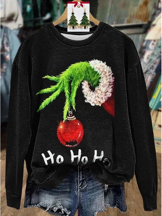 Lässig Rundhals Weihnachten Sweatshirt Print