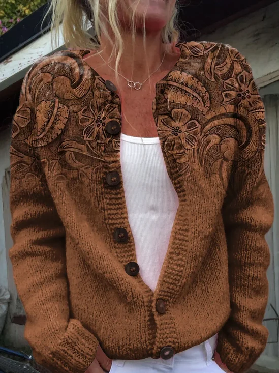 Damen Geblümt Langarm Bequem Retro Print Strickjacke