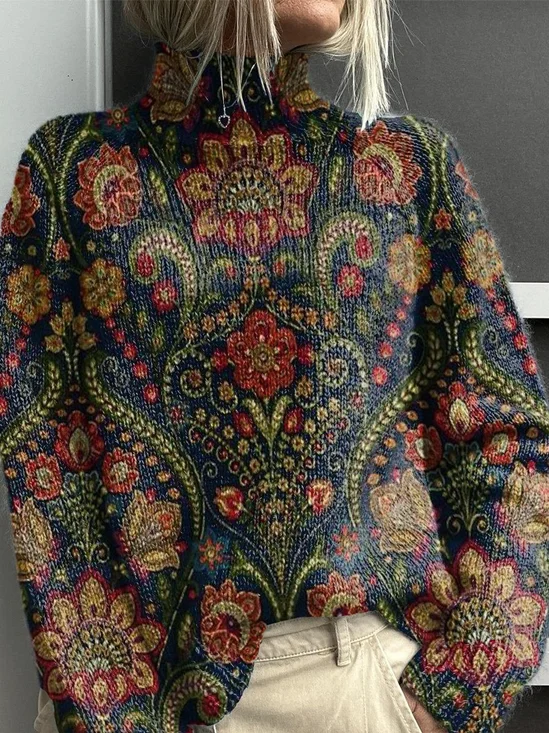 Damen Geblümt Langarm Bequem Retro Print Pullover