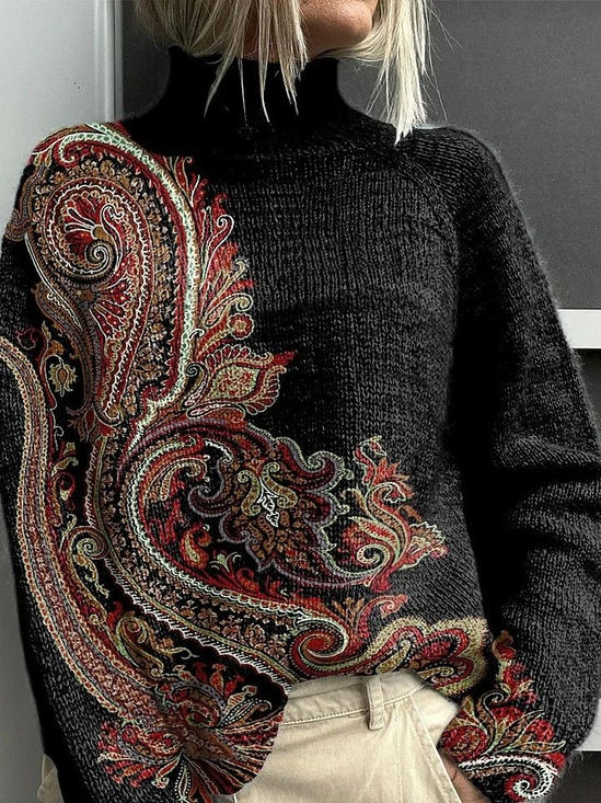 Damen Ethnisch Langarm Bequem Retro Print Pullover