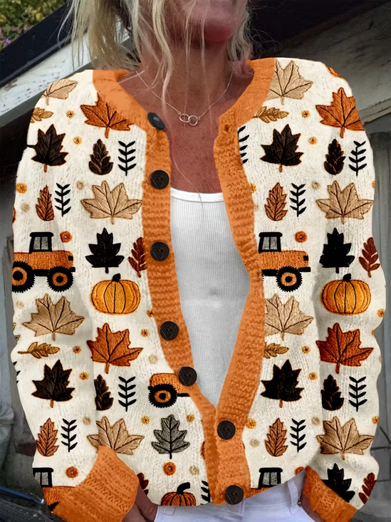 Damen Ahornblatt Langarm Bequem Retro Print Strickjacke