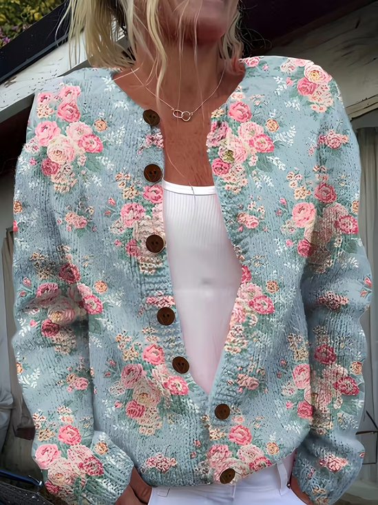 Damen Geblümt Langarm Bequem Retro Print Strickjacke