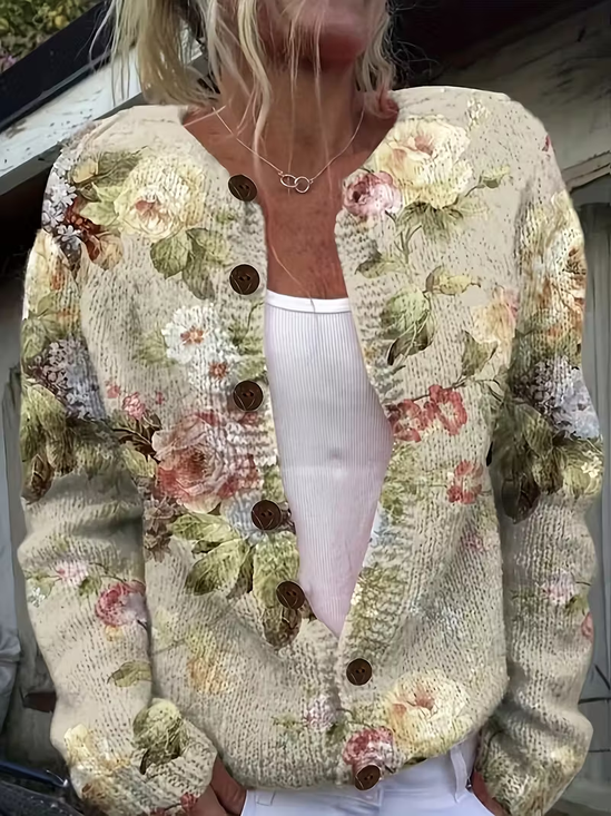 Damen Geblümt Langarm Bequem Retro Print Strickjacke