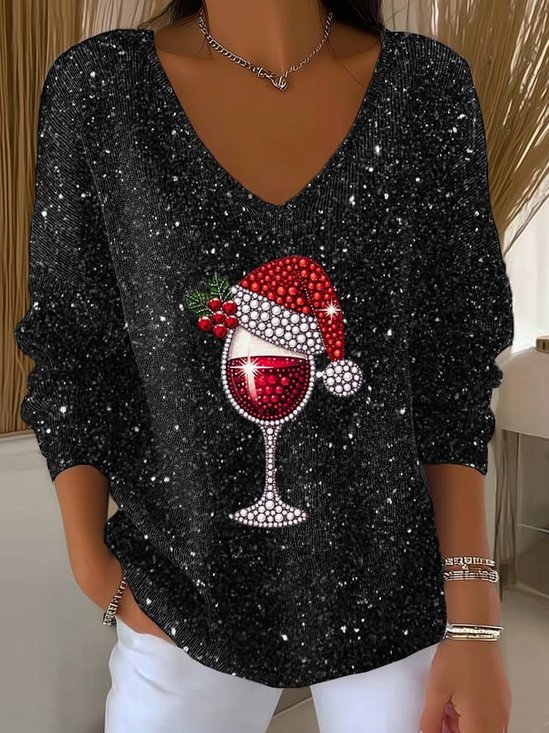 Damen Wein Glas Weihnachtsmütze Print V-Ausschnitt Pullover
