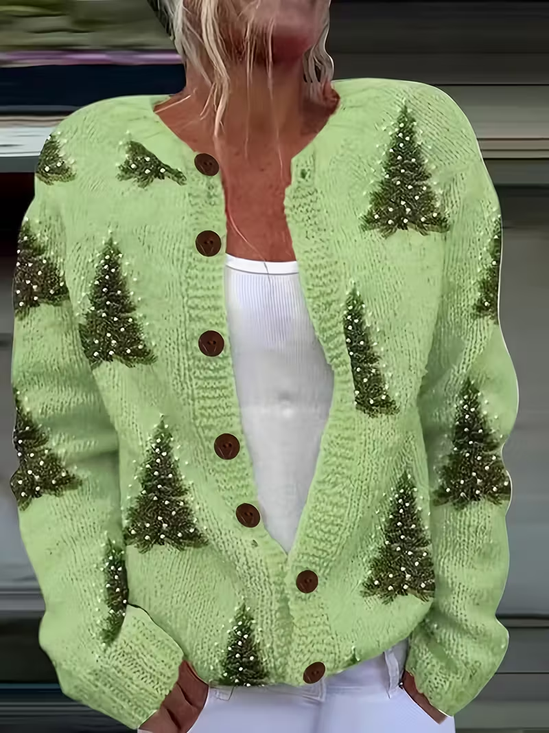 Damen Weihnachten Langarm Bequem Retro Print Strickjacke