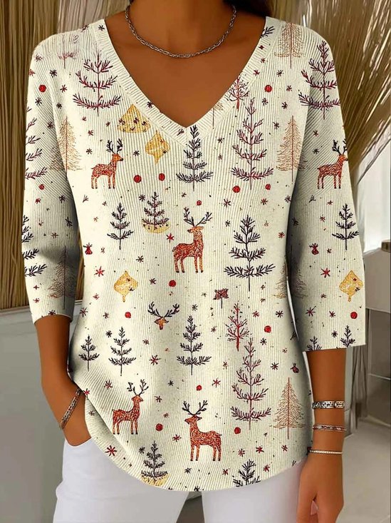 Retro Weihnachten V-Ausschnitt Dreiviertelärmel T-Shirt