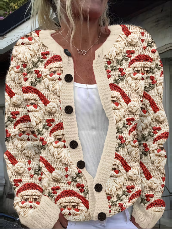 Damen Weihnachtsmann Langarm Bequem Retro Print Strickjacke