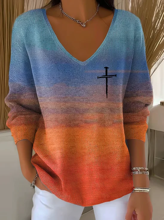 Lässig Abstrakt V-Ausschnitt Langarm T-Shirt