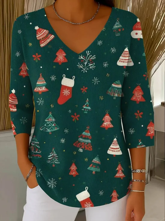 Retro Weihnachten V-Ausschnitt Dreiviertelärmel T-Shirt