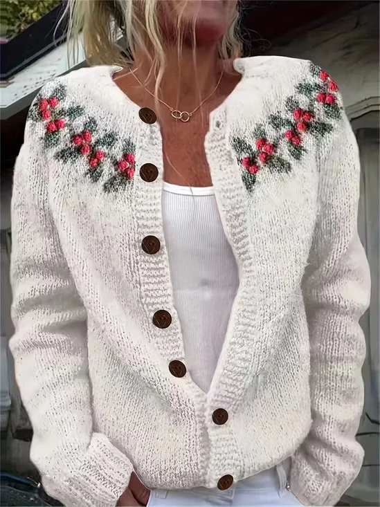 Damen Geblümt Langarm Bequem Retro Print Strickjacke