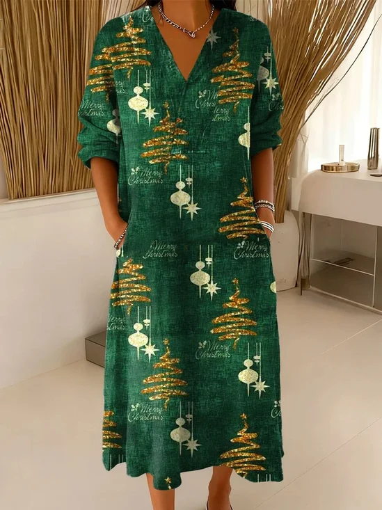 Damen Weihnachten Frühling/Herbst Kleid V-Ausschnitt Langarm A-Linien-Kleid