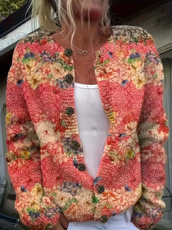 Damen Geblümt Langarm Bequem Retro Print Strickjacke