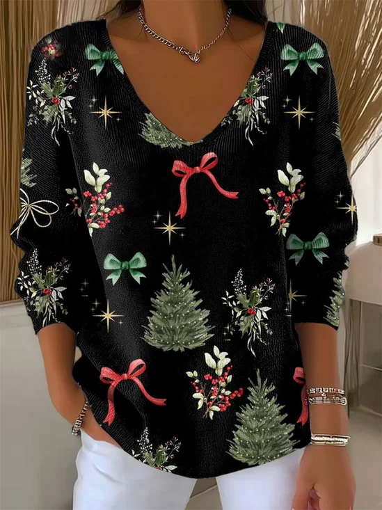 Lässig Weihnachten V-Ausschnitt Langarm T-Shirt