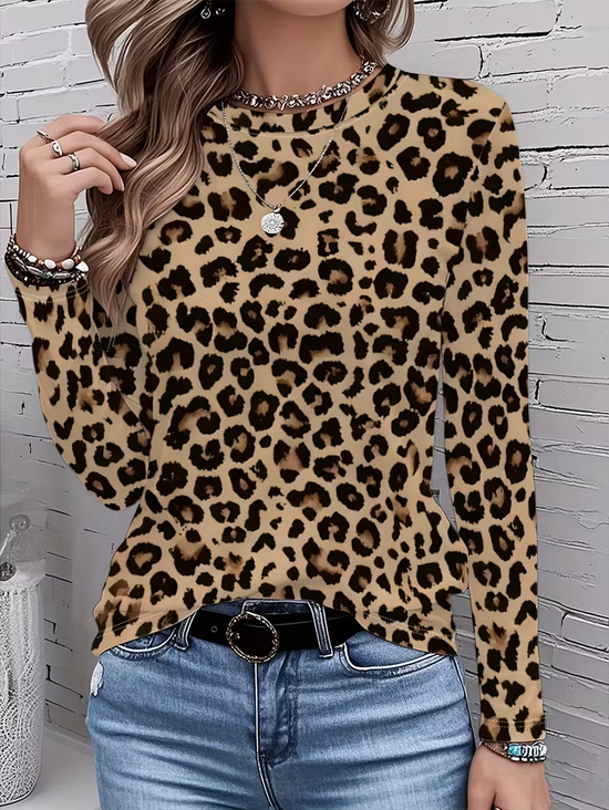 Lässig Leopard Rundhals Langarm T-Shirt