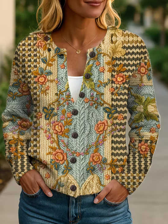Damen Geblümt Langarm Bequem Retro Print Strickjacke