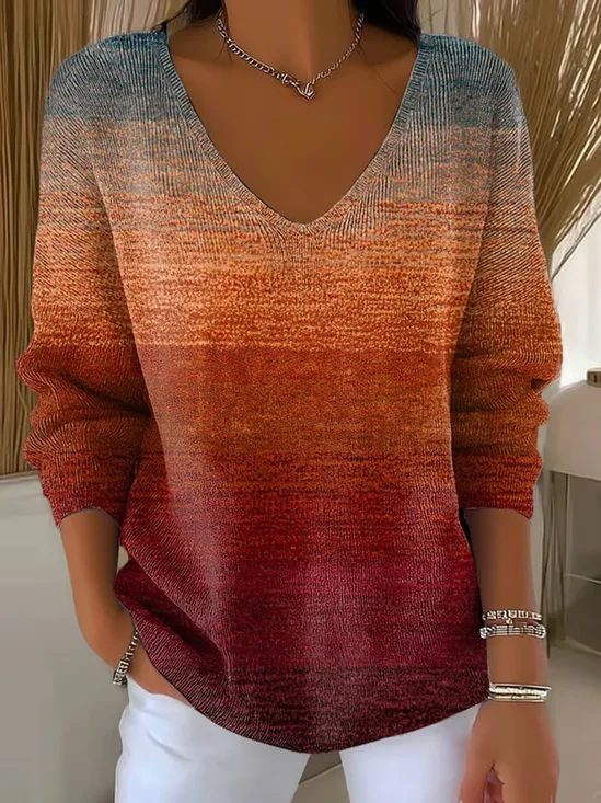 Lässig Abstrakt V-Ausschnitt Langarm T-Shirt