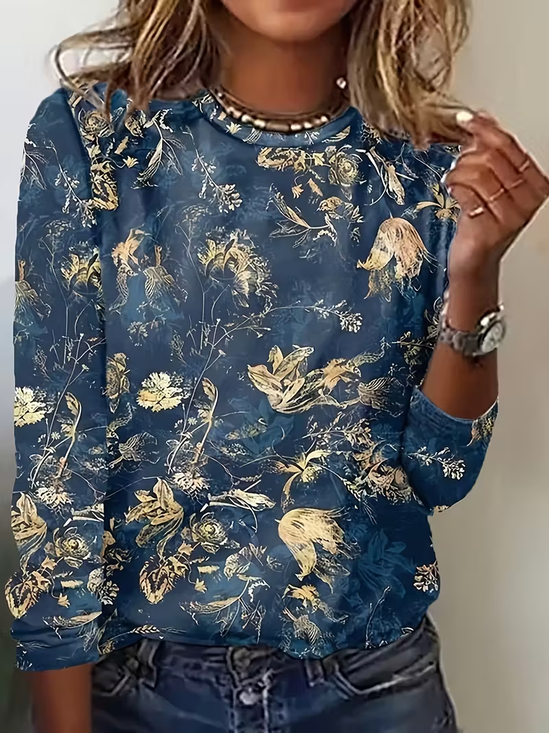 Lässig Geblümt Rundhals Langarm T-Shirt
