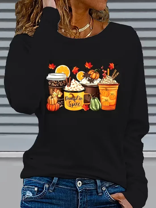 Lässig Halloween (Kürbis) Rundhals Langarm T-Shirt