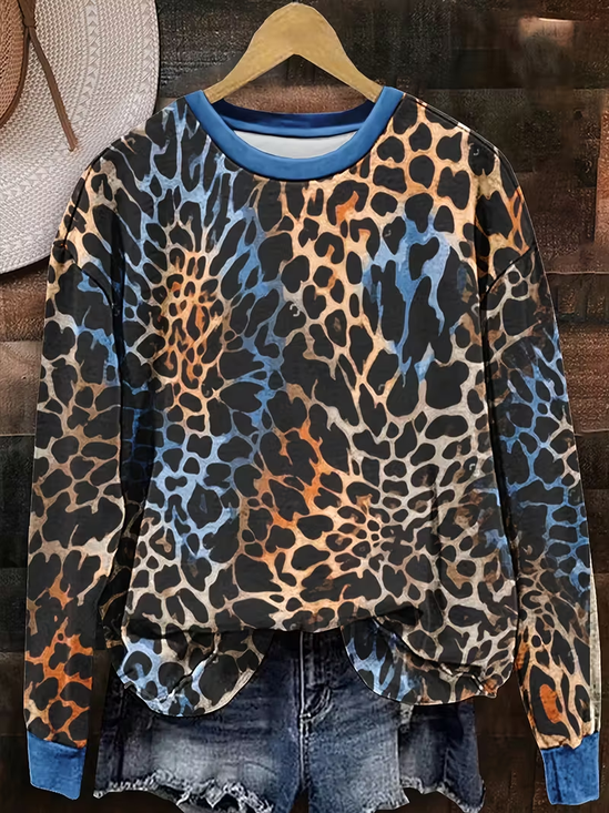 Lässig Rundhals Leopard Sweatshirt Print