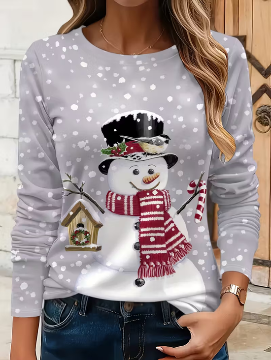 Lässig Weihnachtsschneemann Rundhals Langarm T-Shirt