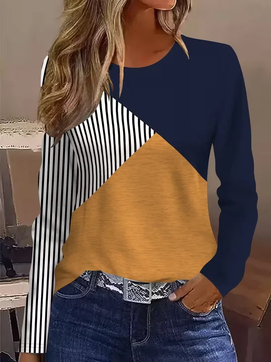 Lässig Kontrastnaht Rundhals Langarm T-Shirt