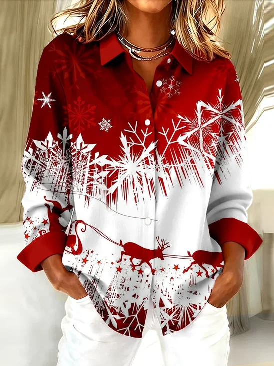 Hemdkragen Normale Ärmel Langarm Weihnachten Schnalle Regelmäßig Weit Knopfhemd Bluse für Damen