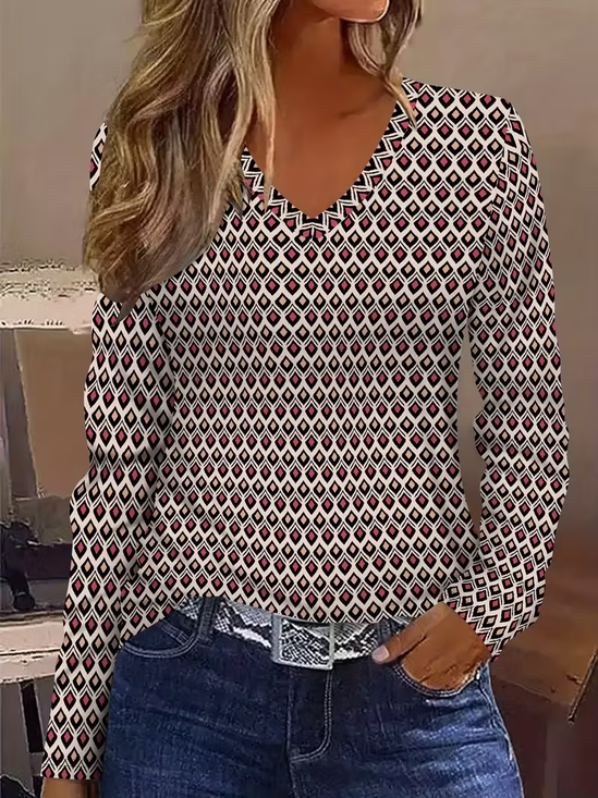 Lässig Abstrakt V-Ausschnitt Langarm T-Shirt