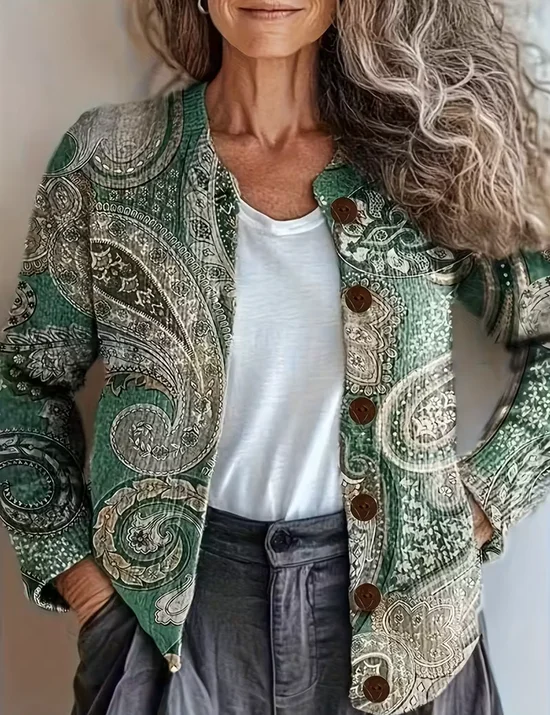 Damen Gestrickt Geblümt Langarm Bequem Retro Strickjacke