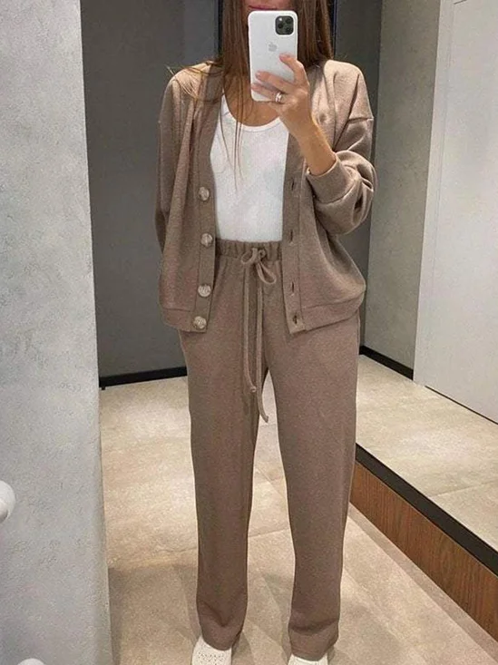Damen Unifarben Geknöpft Zweiteiliges Set Täglich Langarm Lässig Frühling/Herbst Bluse mit Hose Matching Set