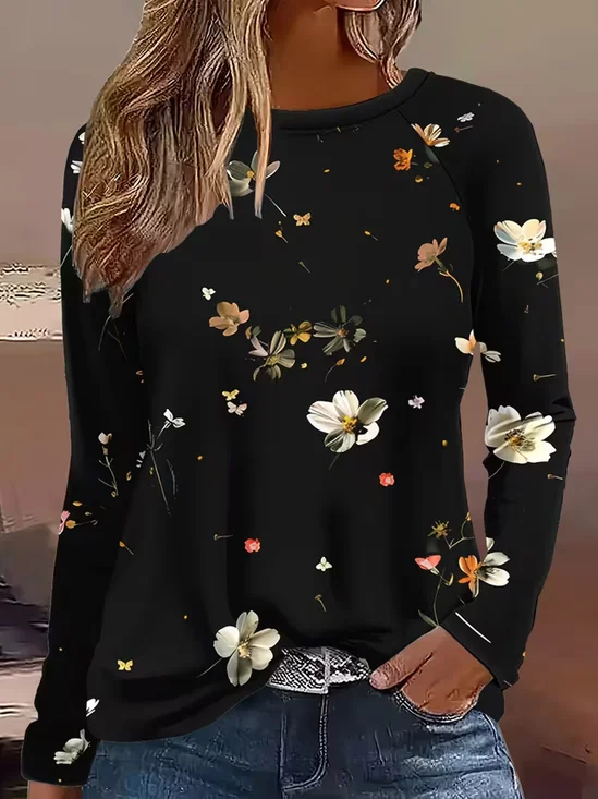 Lässig Geblümt Rundhals Langarm T-Shirt