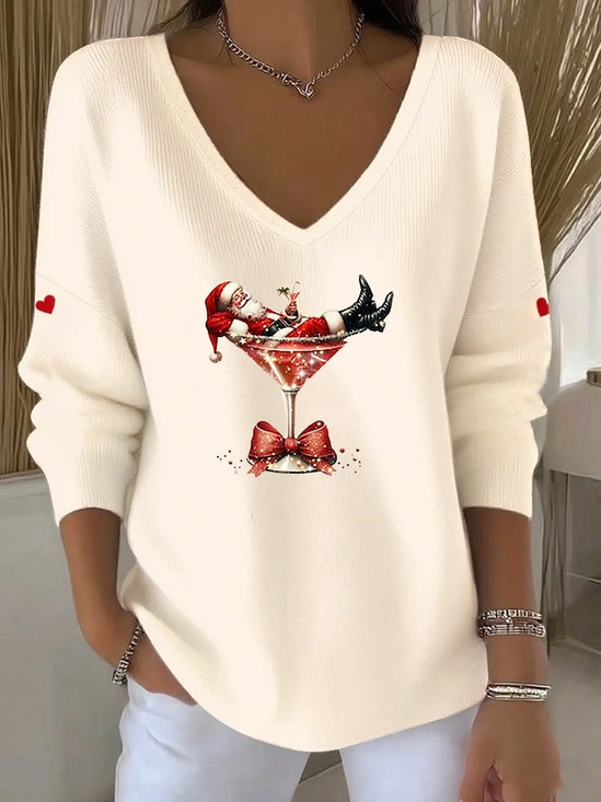 Lässig Weihnachtsmann V-Ausschnitt Langarm T-Shirt