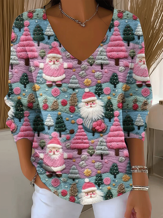 Lässig Weihnachtsmann V-Ausschnitt Langarm T-Shirt