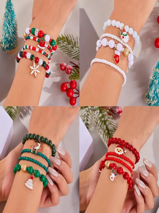 Neu Weihnachten Reis Korn Armband Vier-Pack Damen Stapeln Weihnachtsmann Schneeflocke Glocke Elch Urlaub Party Armband