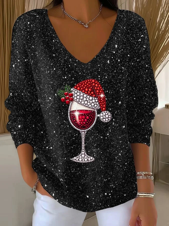 Lässig Weihnachten V-Ausschnitt Langarm T-Shirt