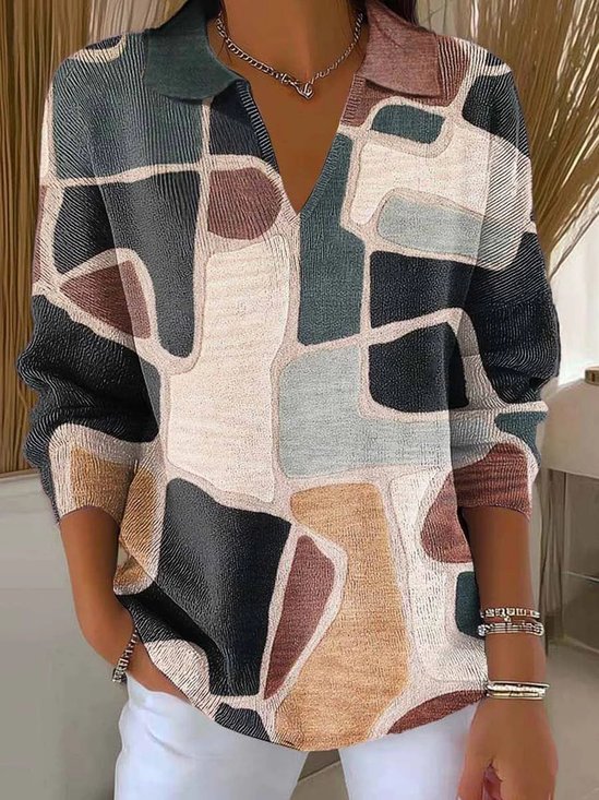 Damen Geometrisch Langarm Bequem Retro Pullover