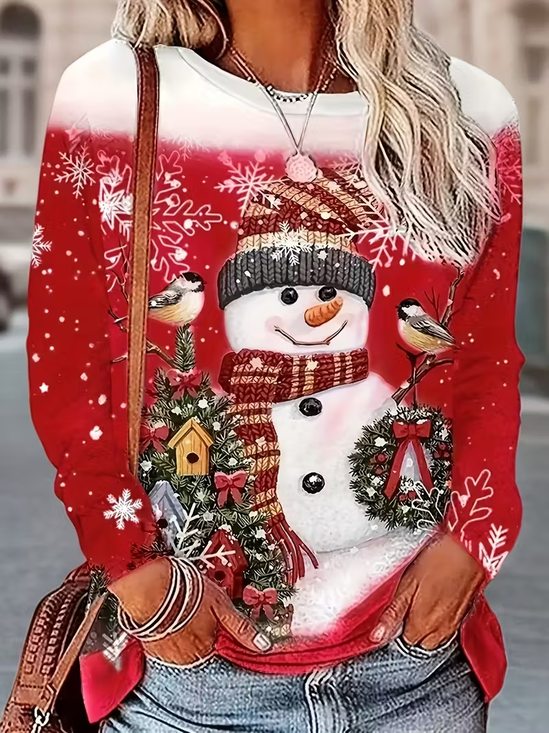Lässig Weihnachtsschneemann Rundhals Langarm T-Shirt