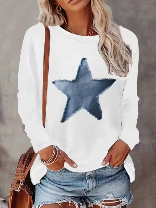 Lässig Stern Rundhals Langarm T-Shirt