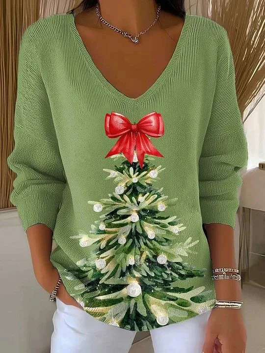 Lässig Weihnachten V-Ausschnitt Langarm T-Shirt