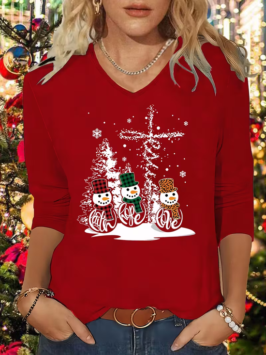 Lässig Weihnachtsschneemann V-Ausschnitt Langarm T-Shirt